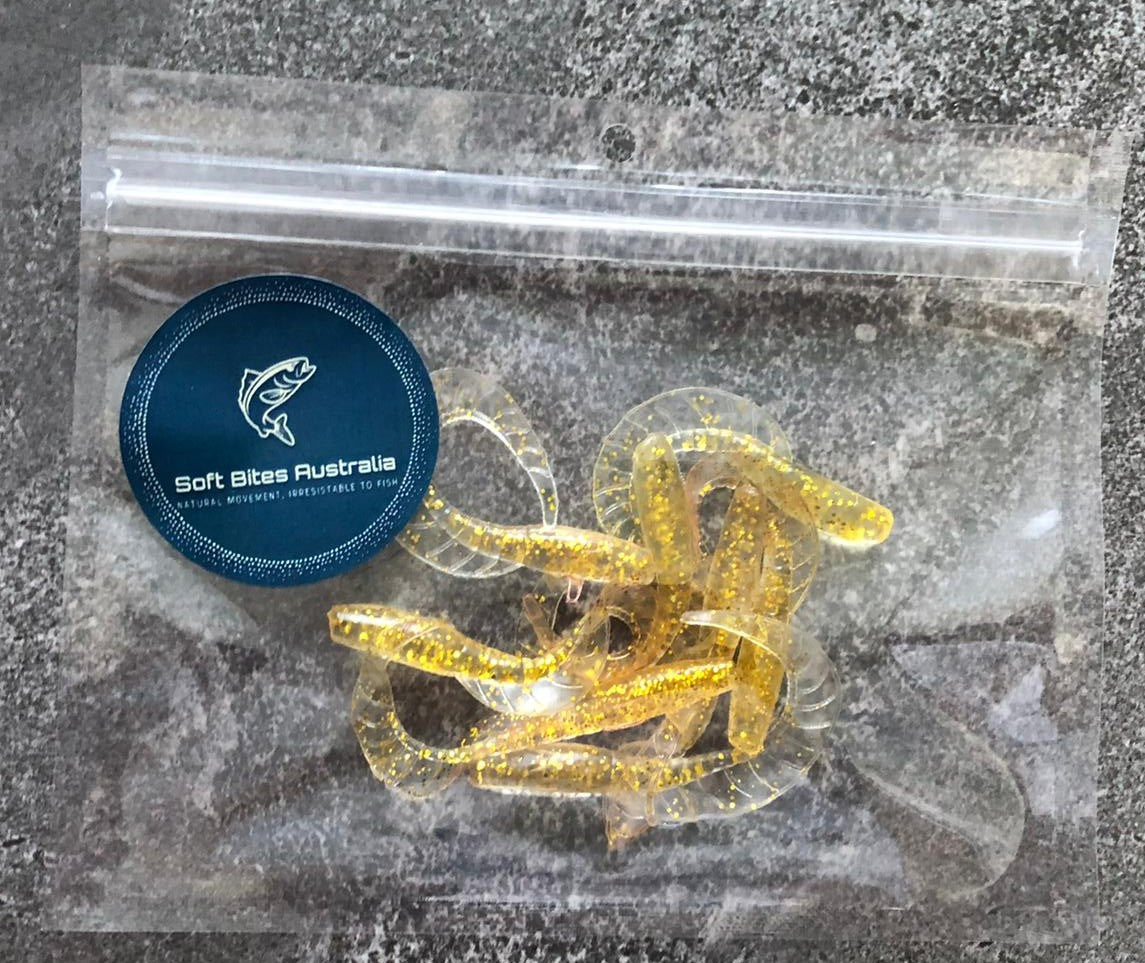 6cm Gold Sparkle Bio Curly Tails 8pack